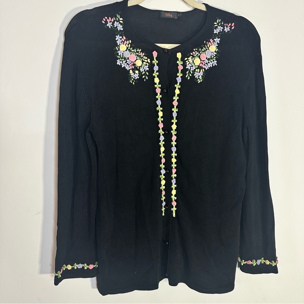 Lilly Black Embroidered Floral Button Front Cardigan Sweater M
